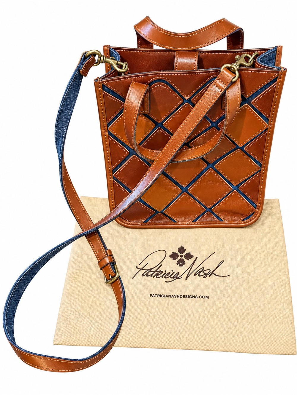 Patricia Nash Leather “Billie” Tote in leather and denim, handles and long strap